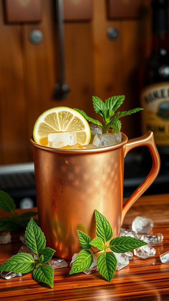 A Spicy Rum Mule cocktail in a copper mug with ice, lime wedge, and mint garnish on a wooden bar.